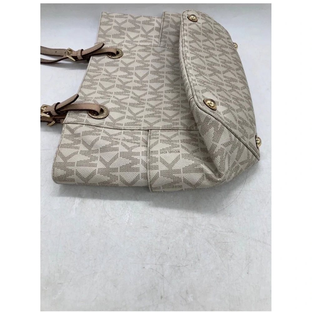Michael Kors Signature Beige Logo Large Tote Zip Top Gold Hardware MK Charm